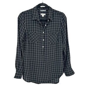 MERONA Black White Plaid Henley Button Up Long Sleeve Blouse Top Size Medium